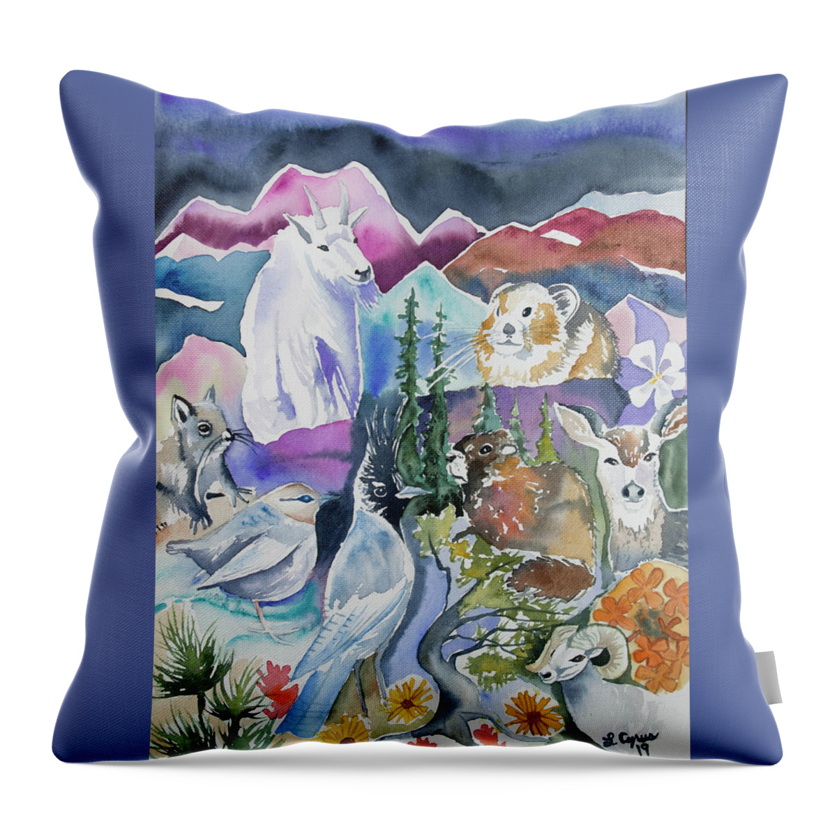 Rocky Mountain Throw Pillow featuring the painting Watercolor - A Rocky Mountain Ecosystem by Cascade Colors