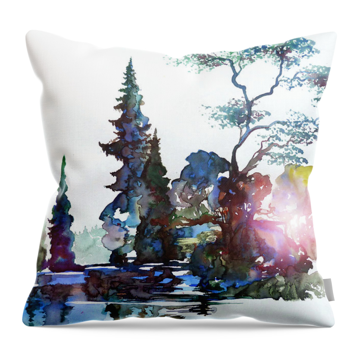 Watercolor Throw Pillow featuring the painting Watercolor Forest and Pond by Curtiss Shaffer