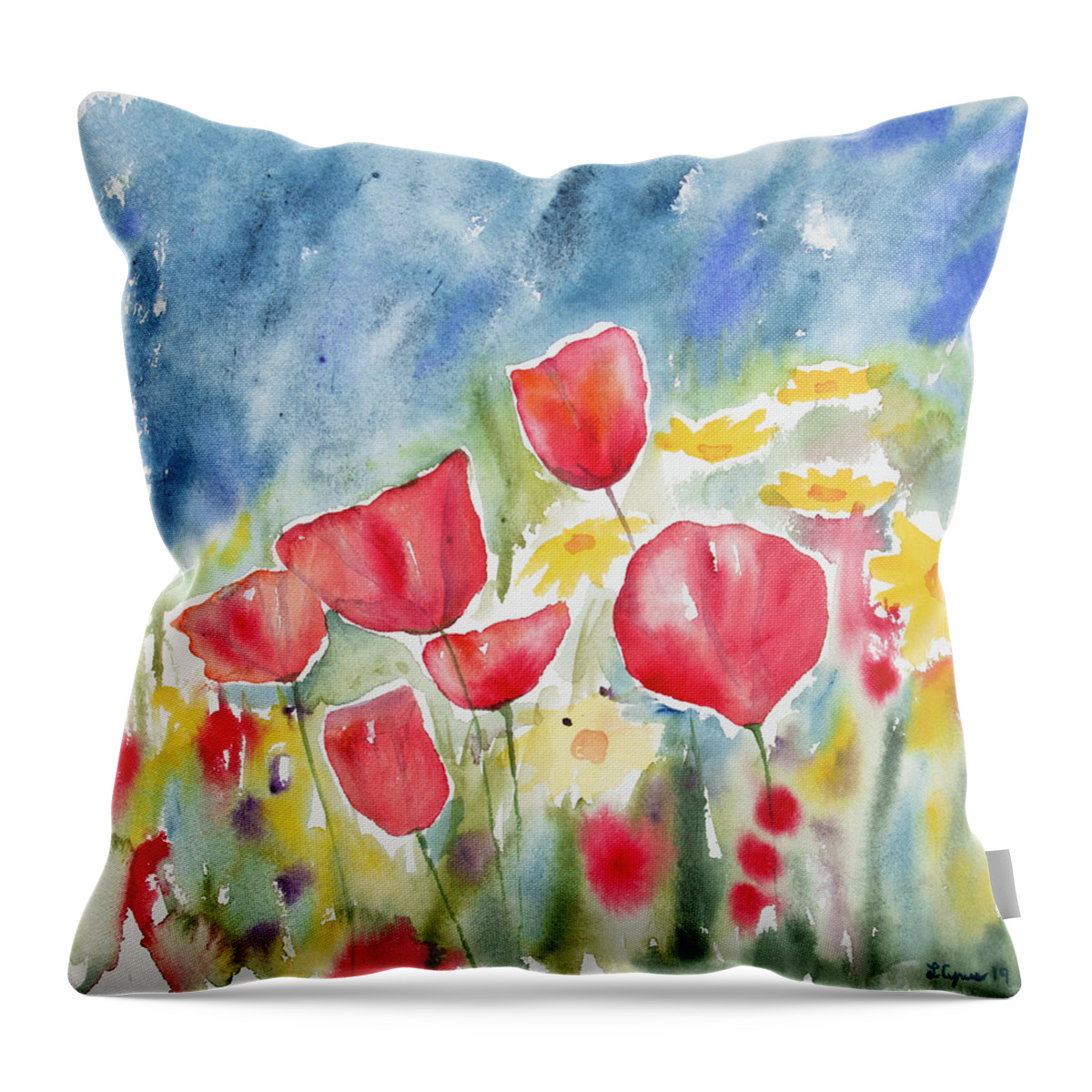 Poppy Throw Pillow featuring the painting Watercolor - Poppies and Sky by Cascade Colors