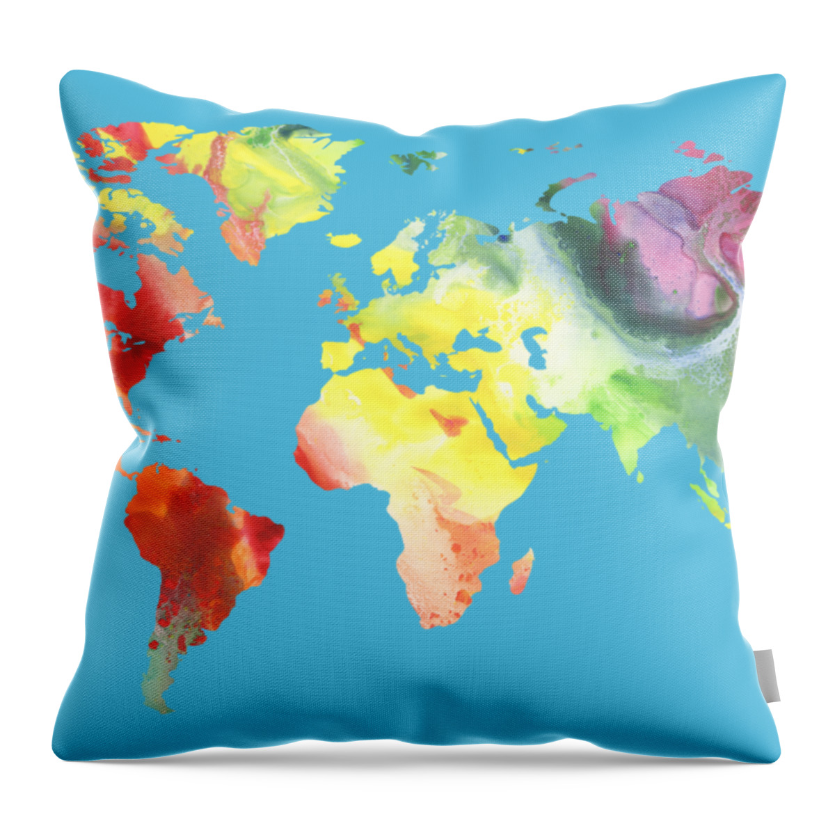 World Throw Pillow featuring the painting Watercolor Silhouette World Map Colorful PNG XII by Irina Sztukowski