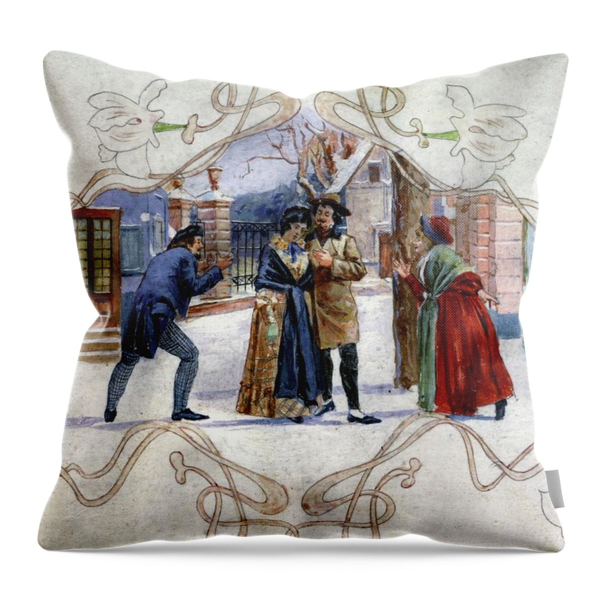 Giacomo Puccini Throw Pillow featuring the painting Watercolour scene from opera 'La Boheme' by G. Puccini 1900. by Album