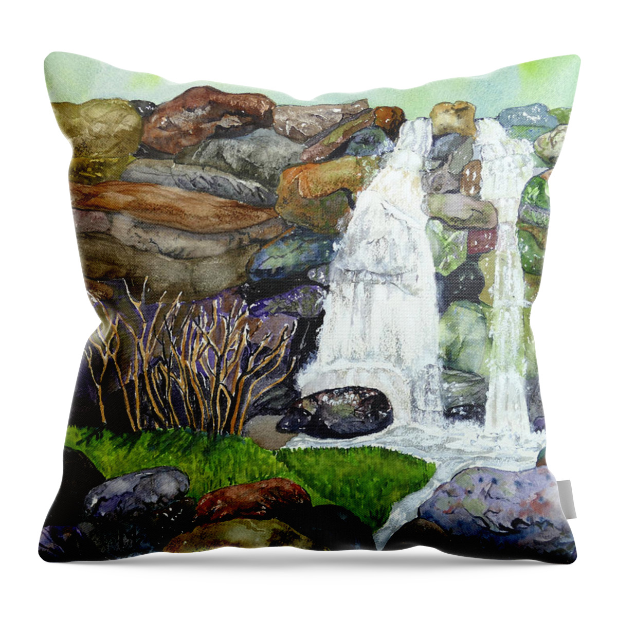 Watercolor Throw Pillow featuring the painting Waterfall amid Rocks by Margaret Zabor