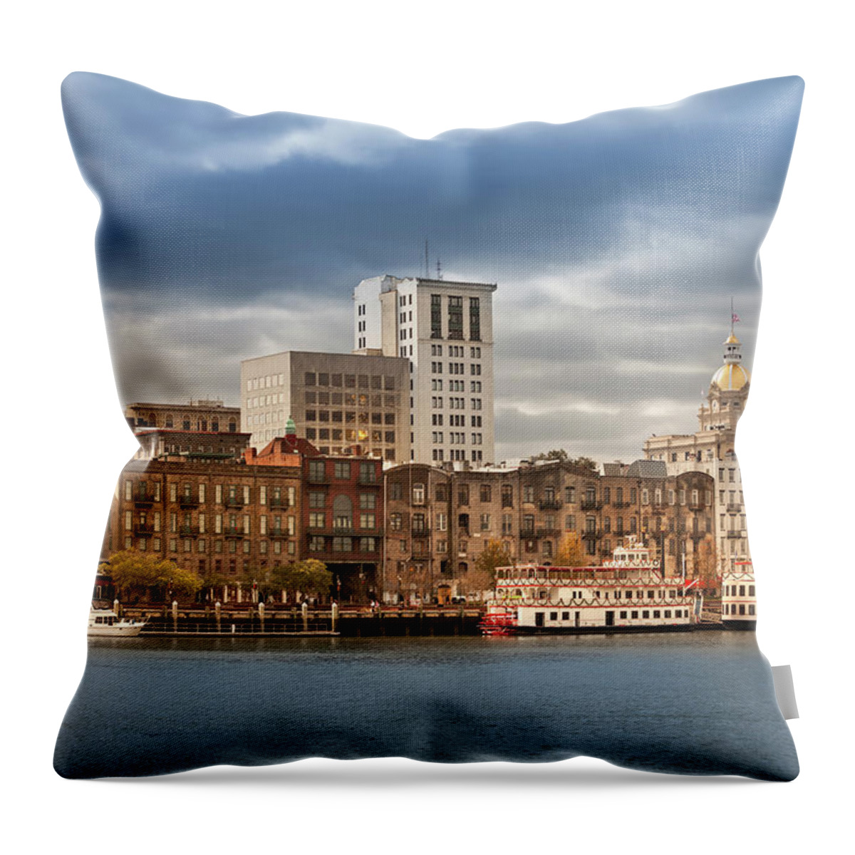 Scenics Throw Pillow featuring the photograph Waterfront Skyline Of Savannah Georgia by Pgiam
