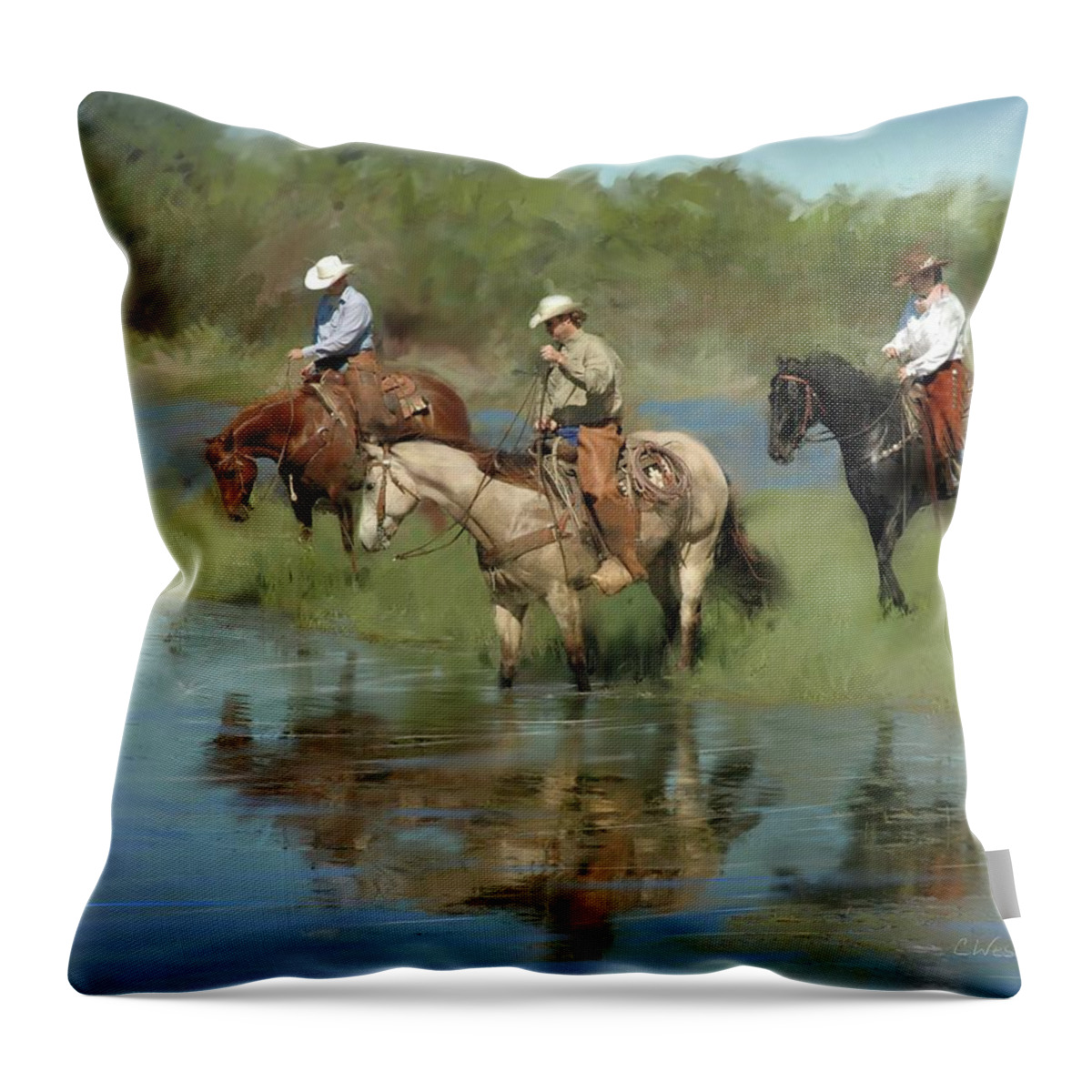 Cowboys Throw Pillow featuring the digital art Watering Hole by Cynthia Westbrook