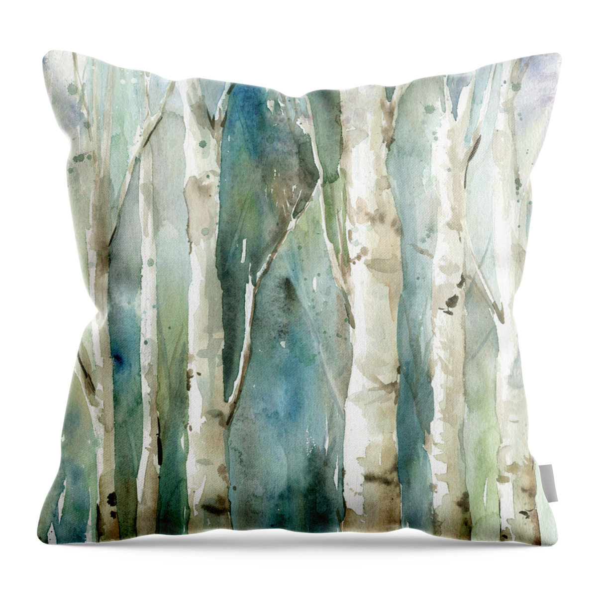 Contemporary Watercolor Birch Trees Washy Teals Greens Tan Throw Pillow featuring the painting Watery Birch 1 by Carol Robinson