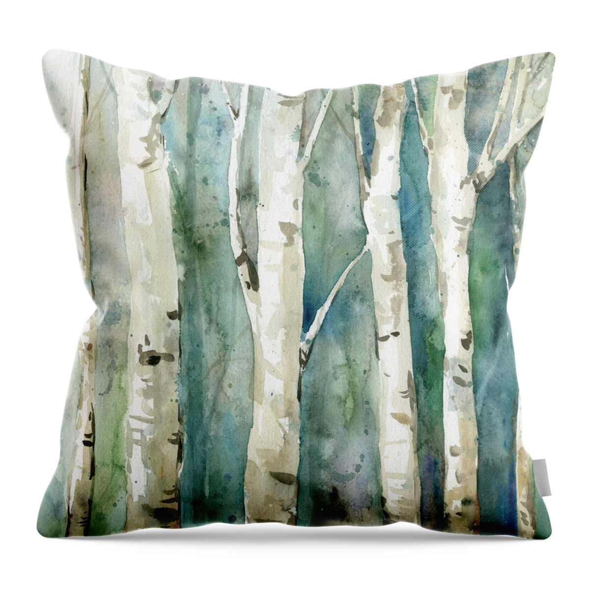 Contemporary Watercolor Birch Trees Washy Teals Greens Tan Throw Pillow featuring the painting Watery Birch 2 by Carol Robinson