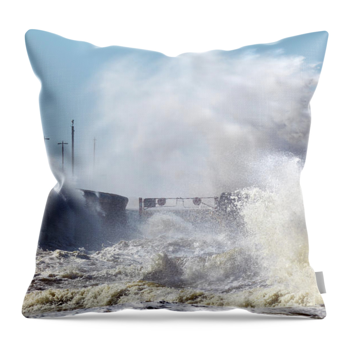 Water's Edge Throw Pillow featuring the photograph Waves Crashing Onto Seafront In Stormy by Elgol