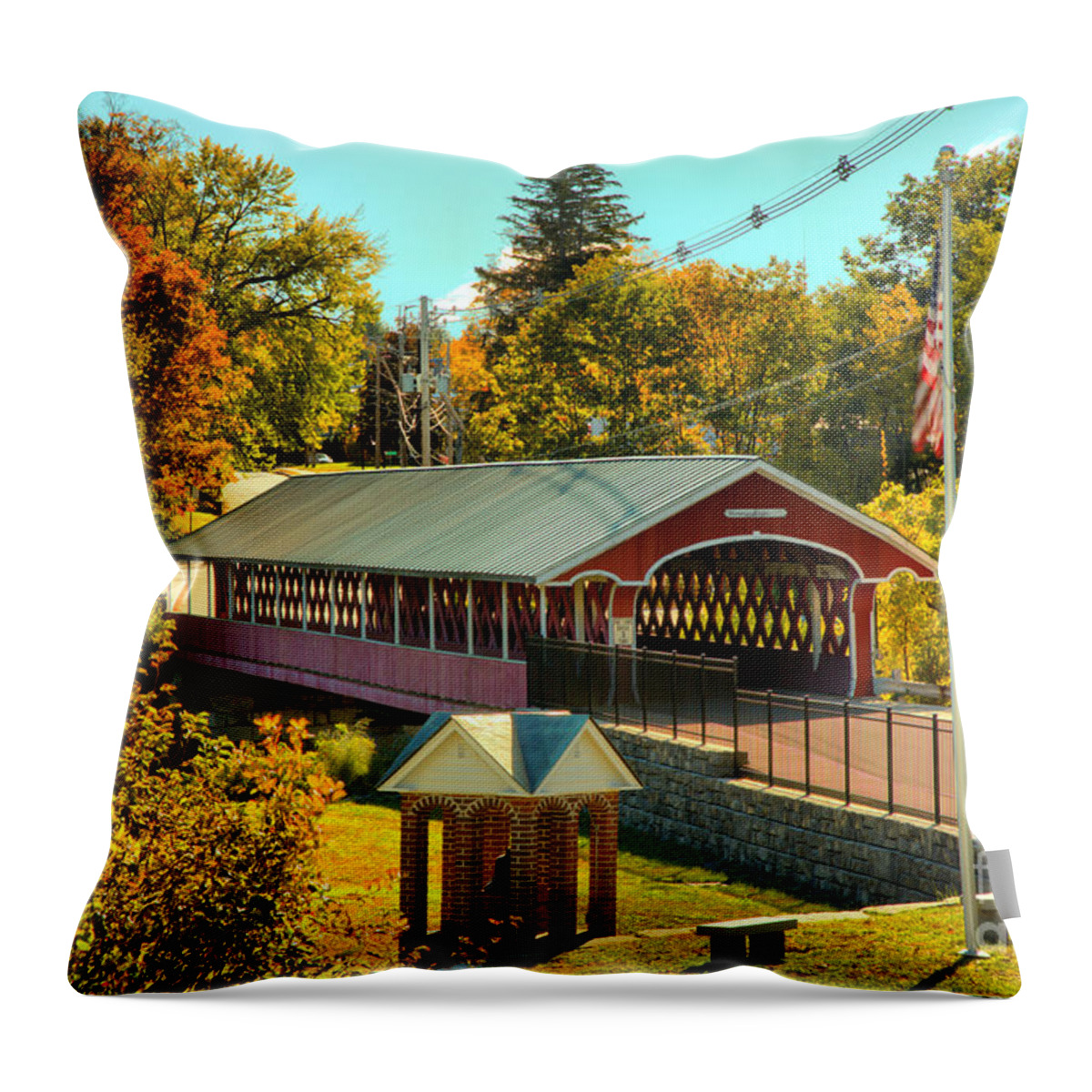 Thompson Covered Bridge Throw Pillow featuring the photograph West Swanzey Main Street Covered Bridge by Adam Jewell