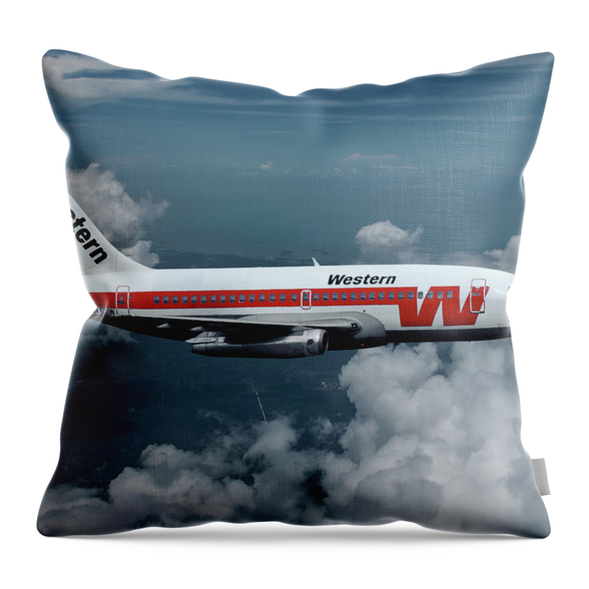 Western Airlines Throw Pillow featuring the mixed media Western Airlines Boeing 737-247 by Erik Simonsen