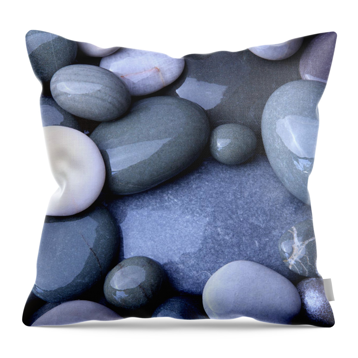 Large Group Of Objects Throw Pillow featuring the photograph Wet Granite Pebbles On Beach by Rosemary Calvert