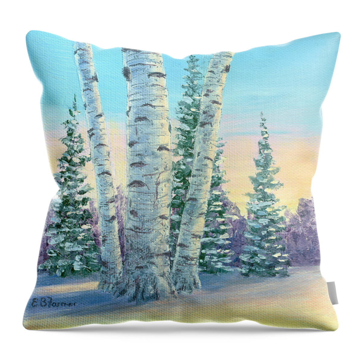 White Throw Pillow featuring the painting White Birch Winter Twilight by Elaine Farmer