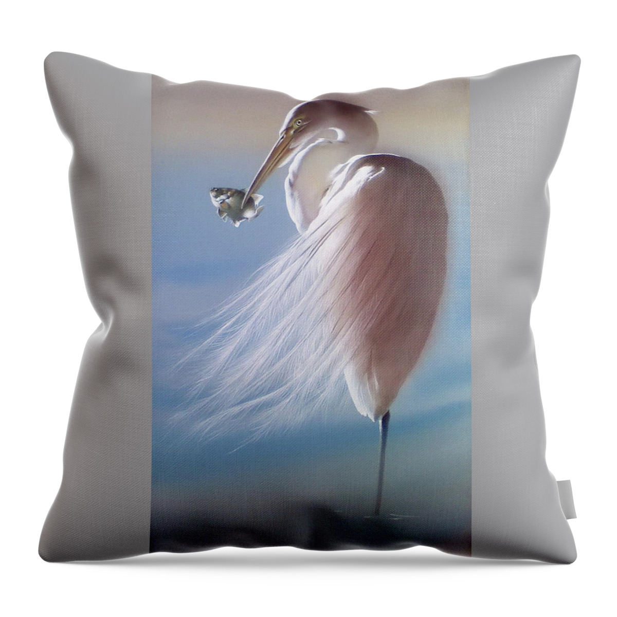 Russian Artists New Wave Throw Pillow featuring the painting White Heron with Fish by Alina Oseeva
