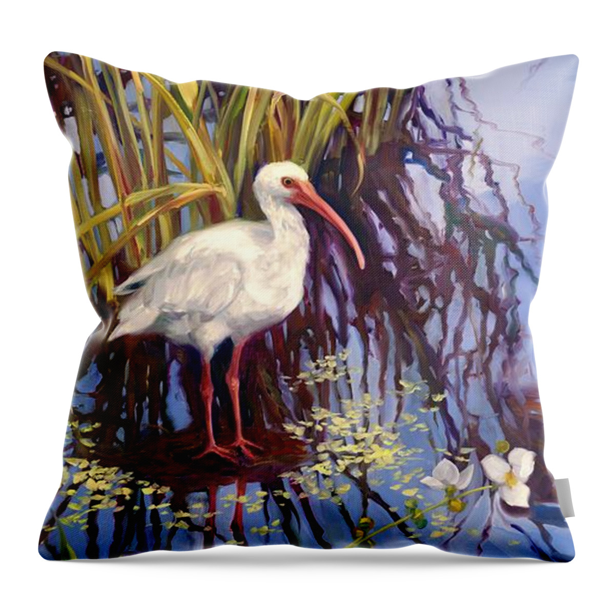 Spoon Bill Throw Pillow featuring the painting White Ibis left by Laurie Snow Hein