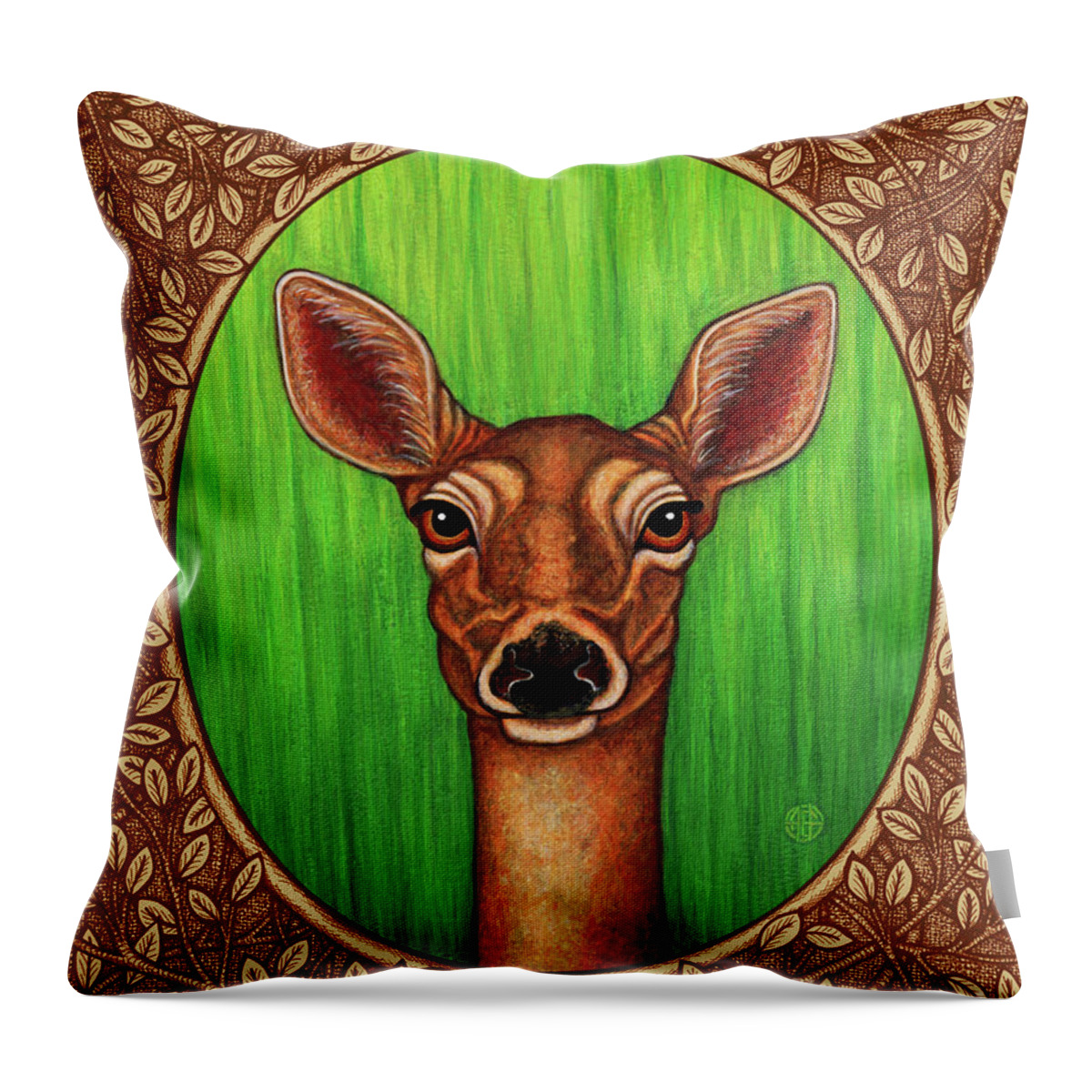 Animal Portrait Throw Pillow featuring the painting White Tailed Doe Portrait - Brown Border by Amy E Fraser