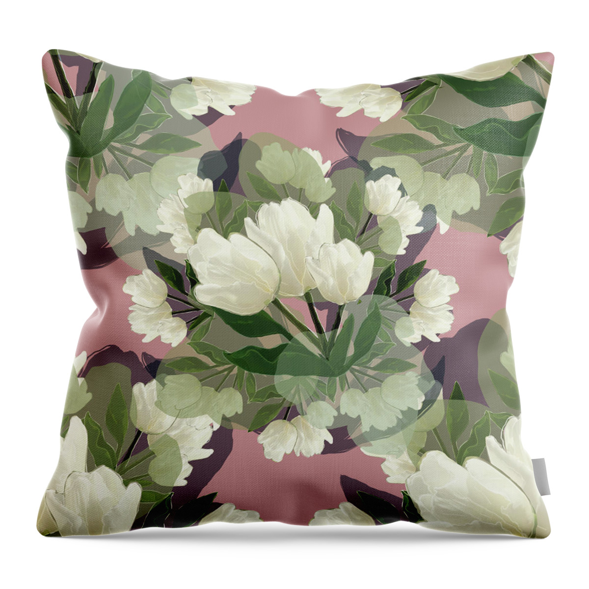 Glory Throw Pillow featuring the mixed media White Tulips - on pink by BFA Prints