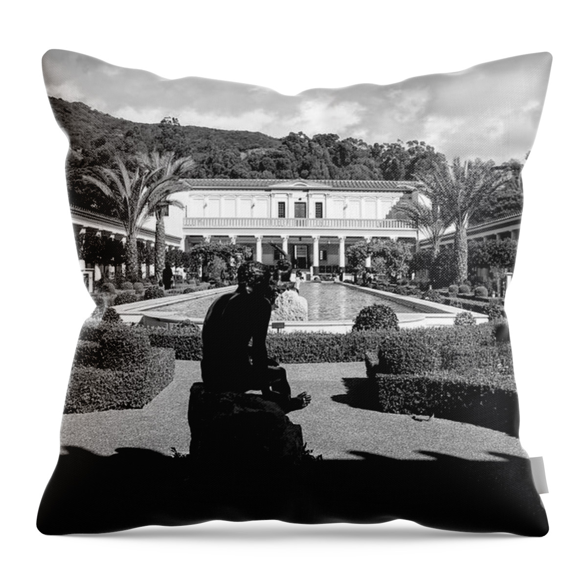 Getty Throw Pillow featuring the photograph Wide Angle Getty Villa Black White by Chuck Kuhn
