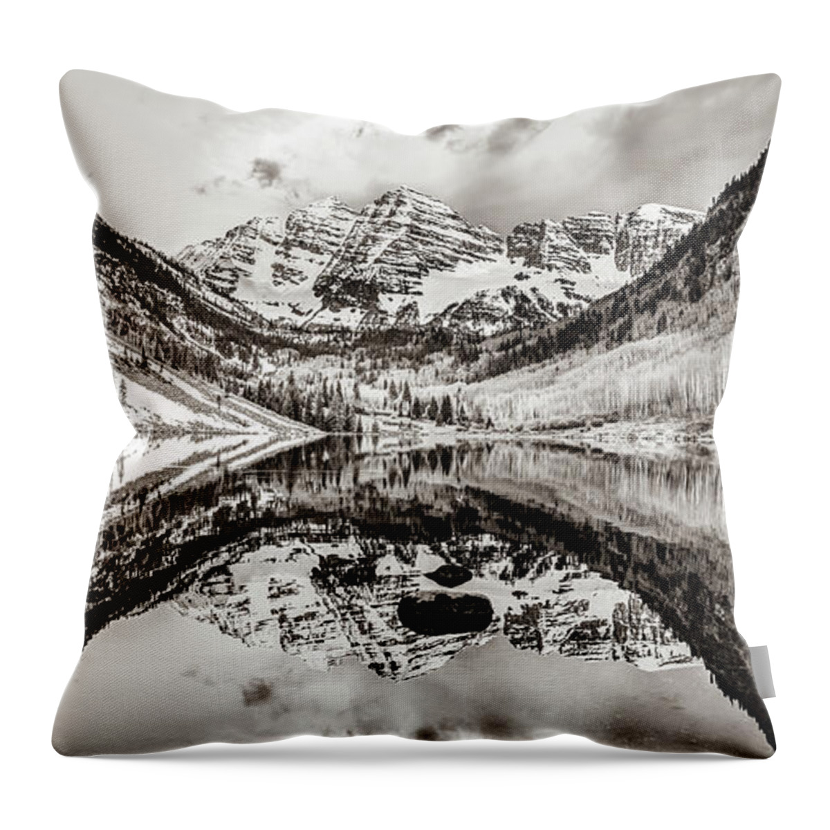 Maroon Bells Throw Pillow featuring the photograph Wide Angle Maroon Bells Panoramic Landscape - Sepia by Gregory Ballos