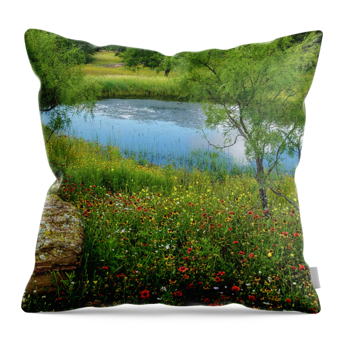 Texas Wildflowers Throw Pillow featuring the photograph Wildflower Pond by Johnny Boyd