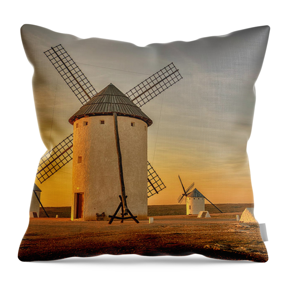 Spain Throw Pillow featuring the photograph Windmills at Campo de Criptana La Mancha Spain_GRK2370_02062019 by Greg Kluempers
