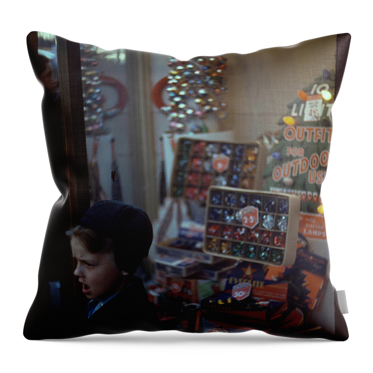 Christmas Throw Pillow featuring the painting Window display of Christmas ornaments by 