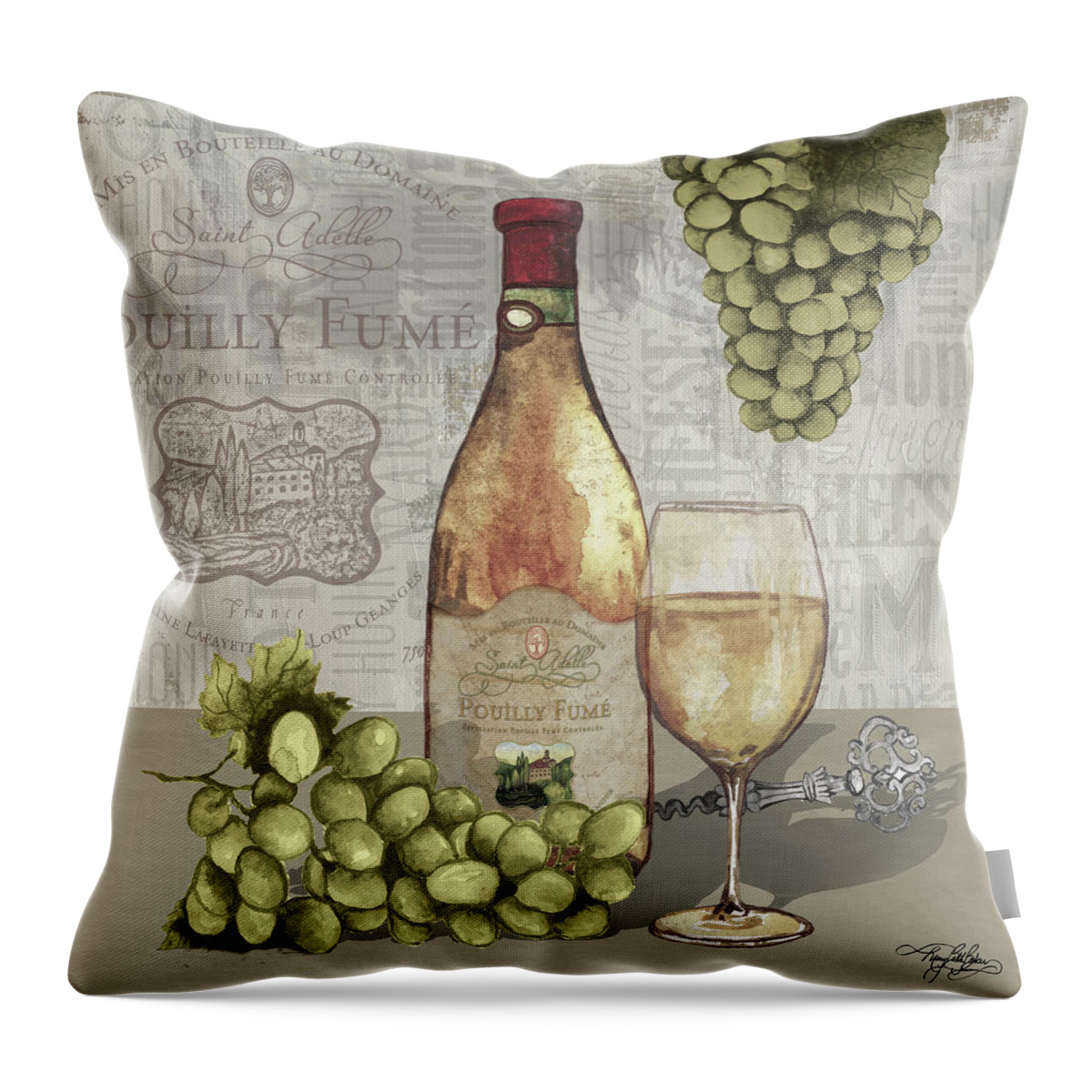 Wine Throw Pillow featuring the painting Wine And Grapes II by Mary Beth Baker