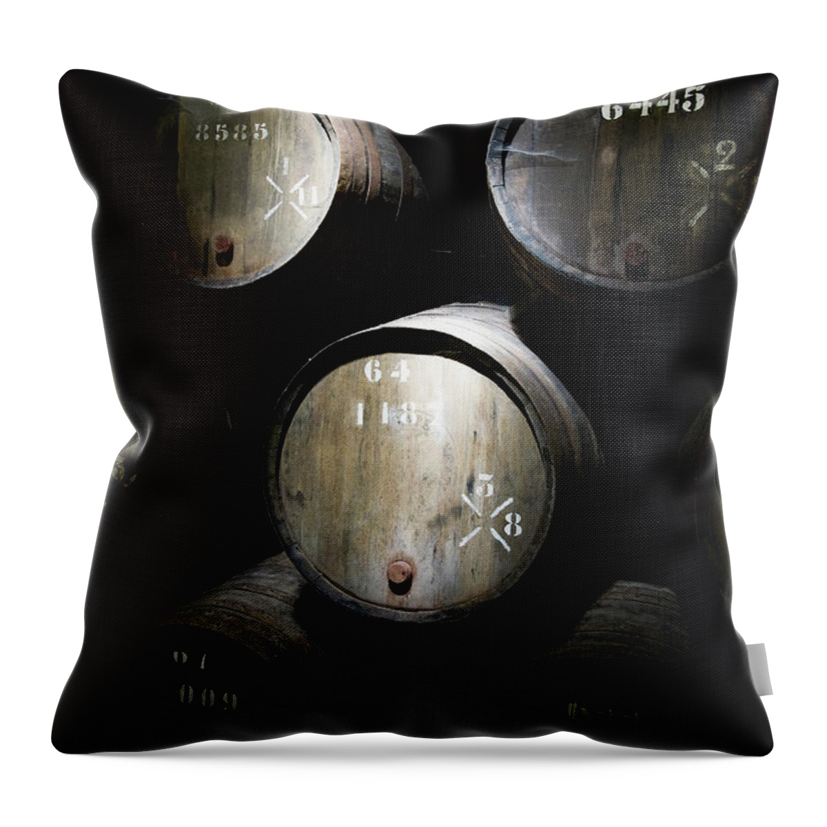 Alcohol Throw Pillow featuring the photograph Wine Barrels In A Cellar by Tobias Titz