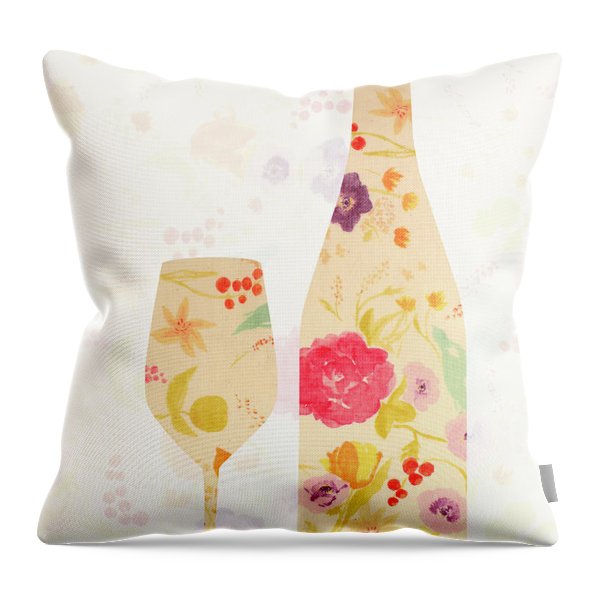 Alcohol Throw Pillow featuring the digital art Wine Bottle And Glass In Floral Pattern by Kaoru Morimasa/a.collectionrf