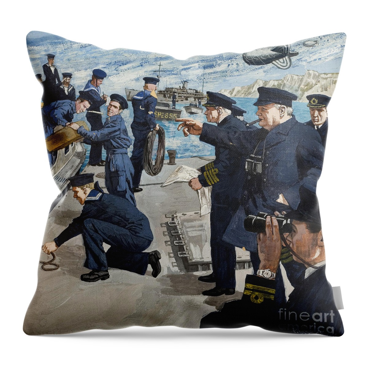 Winston Throw Pillow featuring the painting Winston Churchill In Naval Scene by Roger Payne