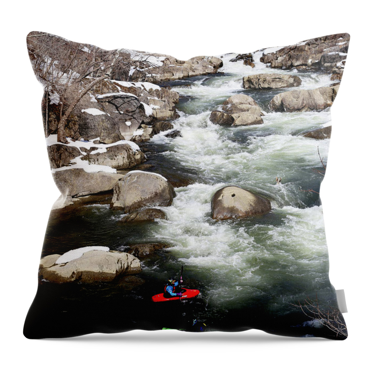 Winter Kayaking Throw Pillow featuring the photograph Winter Kayaking by Karol Livote