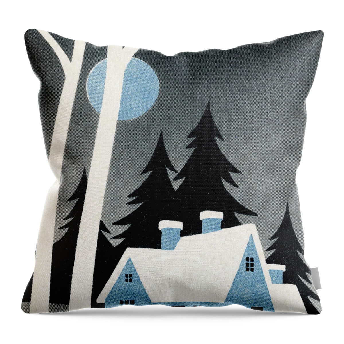 Campy Throw Pillow featuring the drawing Winter Landscape With House by CSA Images
