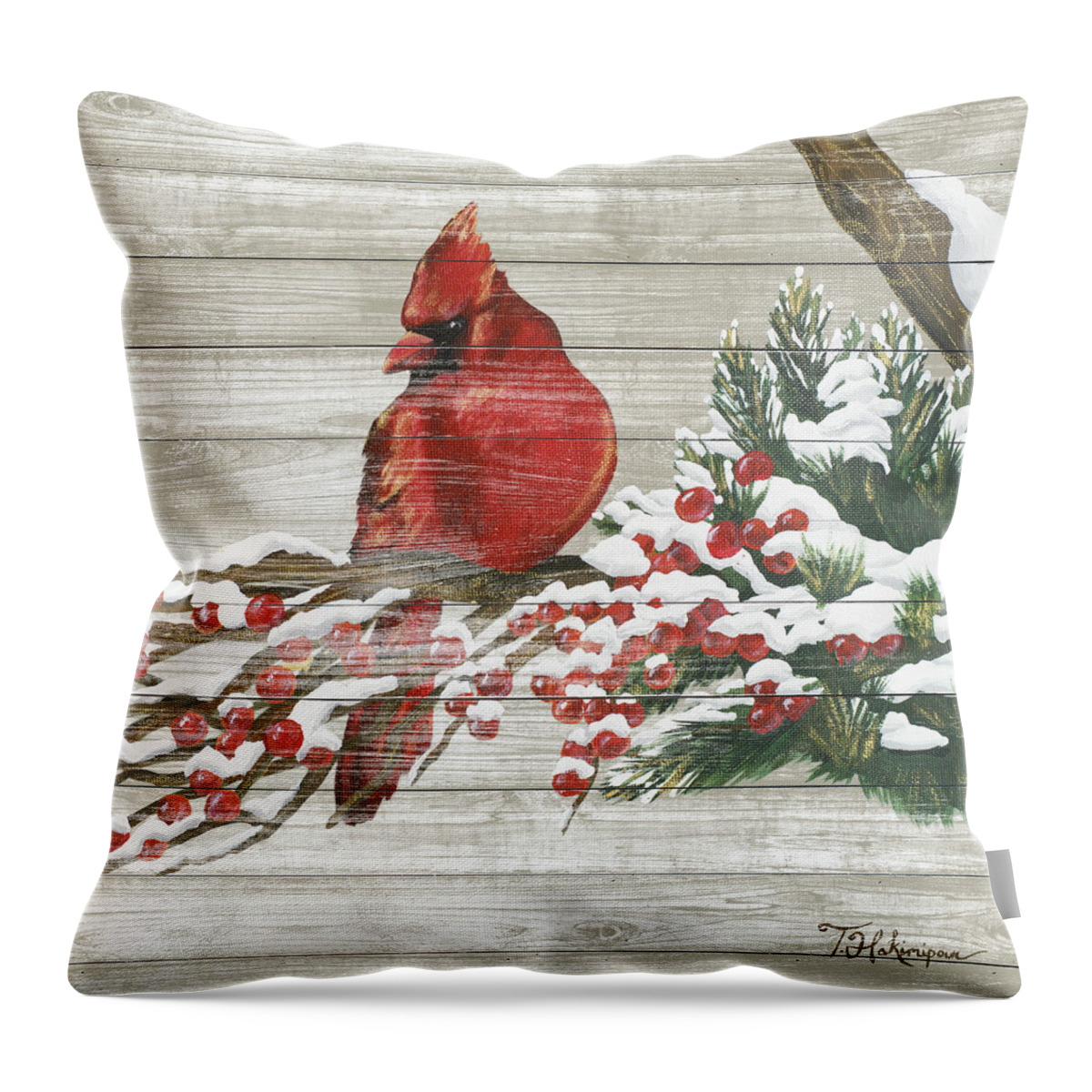 Winter Throw Pillow featuring the painting Winter Red Bird On Wood I by Tiffany Hakimipour