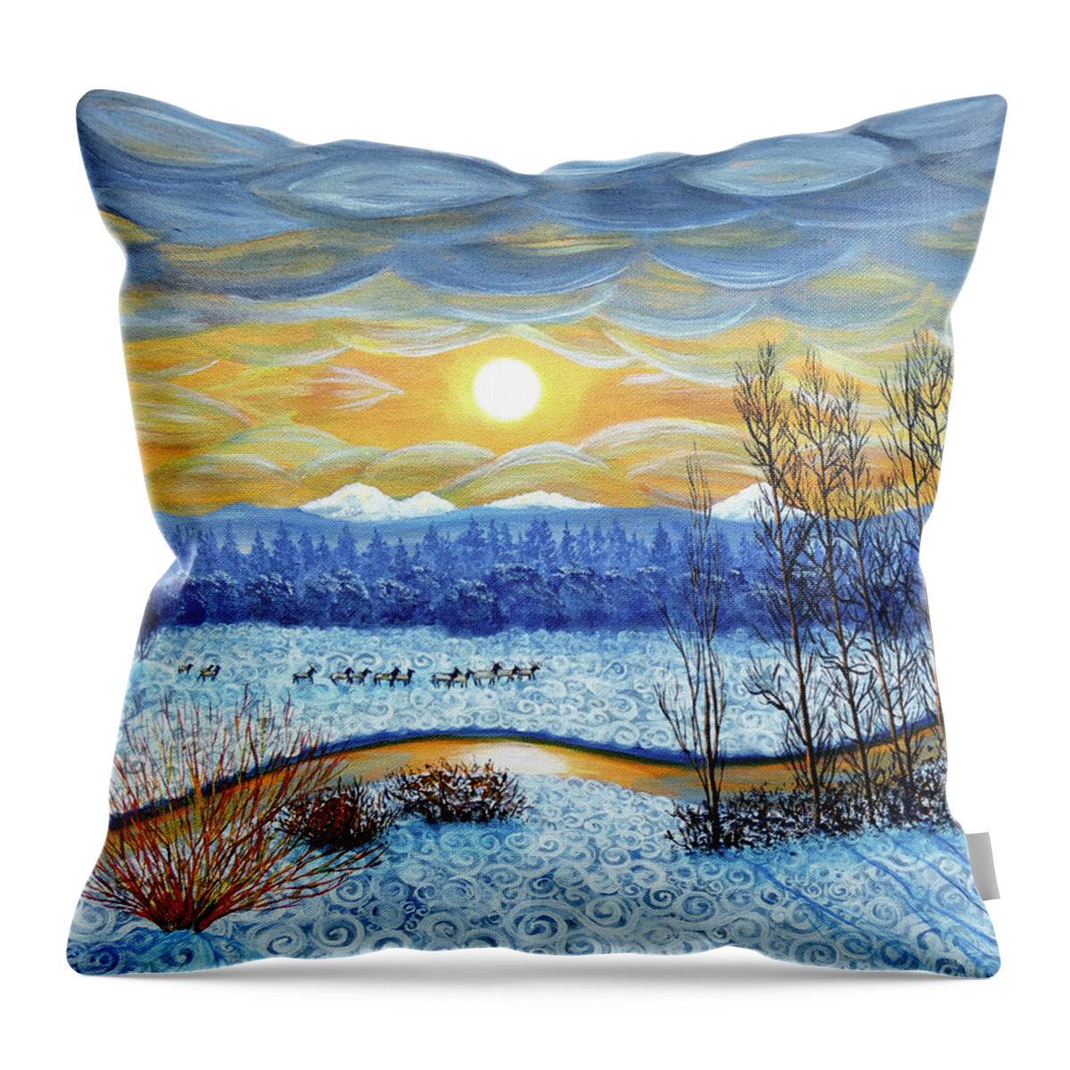 Pacific Northwest Throw Pillow featuring the painting Winter River in Sunset by Laura Iverson