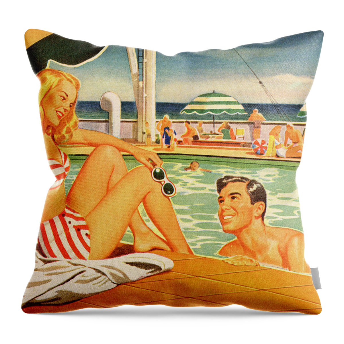 Bathing Suit Throw Pillow featuring the drawing Woman and Man Flirting at the Pool by CSA Images