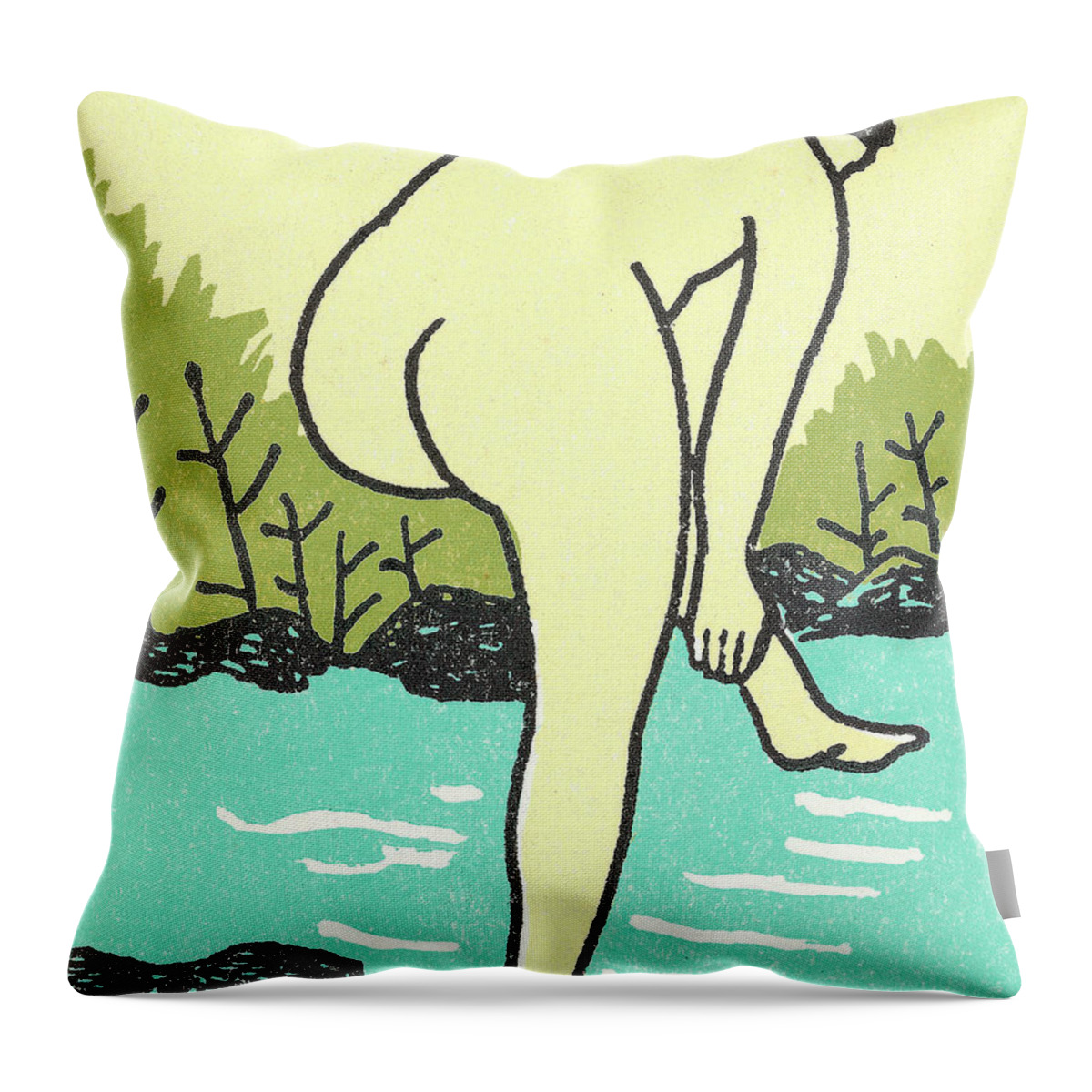Adult Throw Pillow featuring the drawing Woman Bathing at Waters Edge by CSA Images