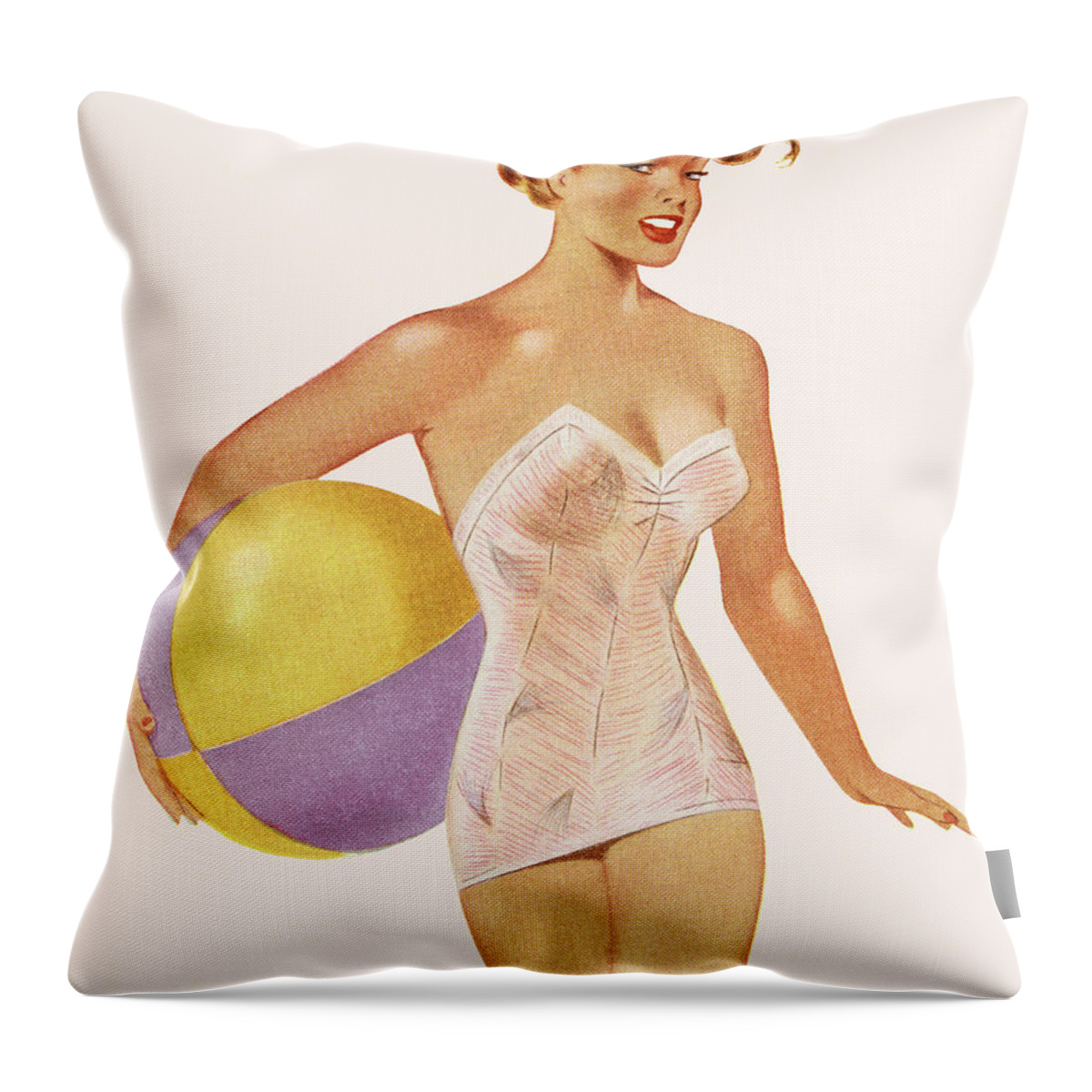 Adult Throw Pillow featuring the drawing Woman in Bathing Suit Holding a Beach Ball by CSA Images