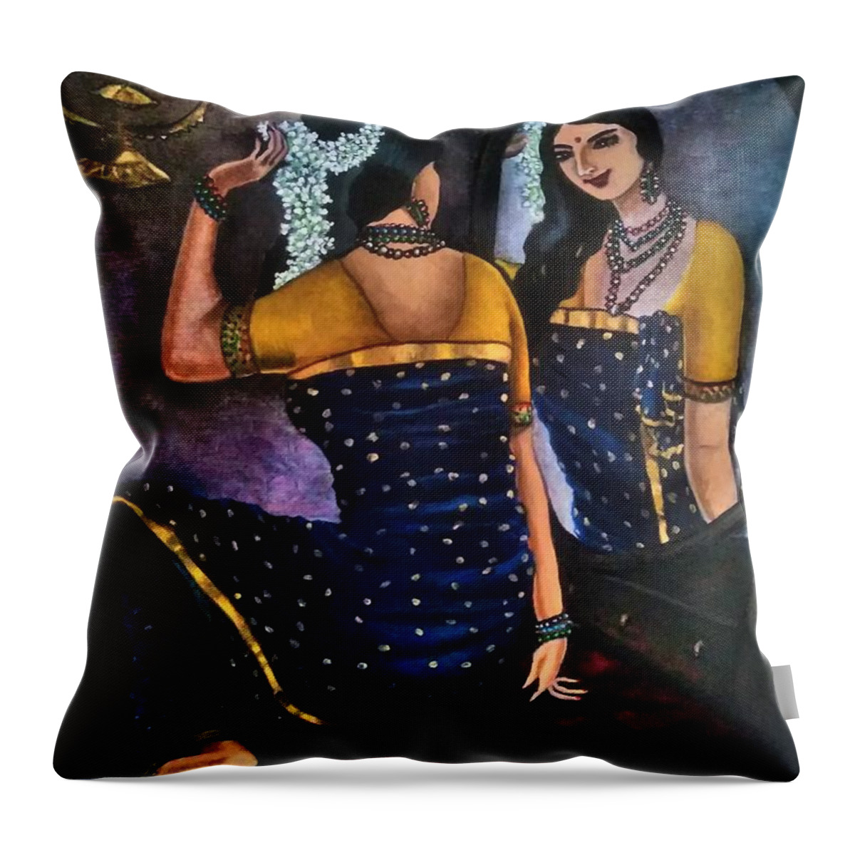 Woman Throw Pillow featuring the painting Woman in front of mirror by Tara Krishna