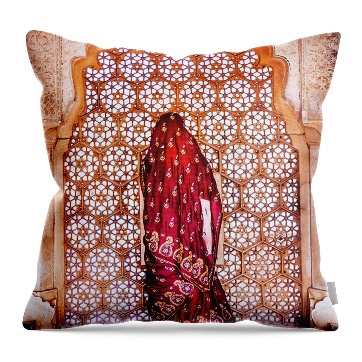 Arch Throw Pillow featuring the photograph Woman In Sari At Decorated Window by Rich Jones Photography
