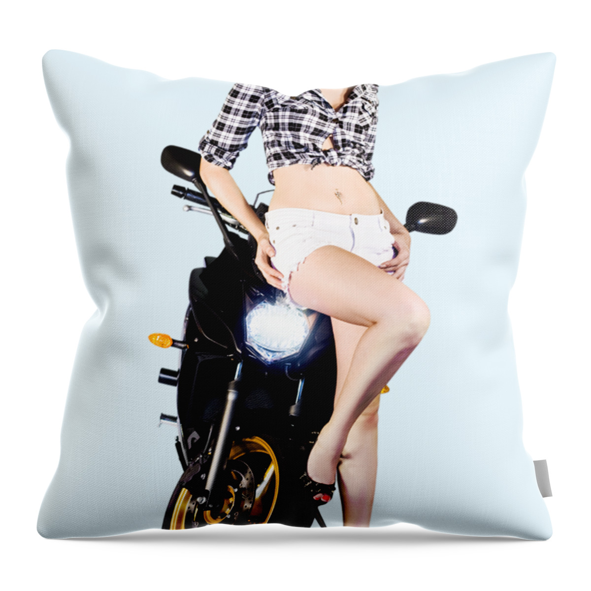 Motorbike Throw Pillow featuring the photograph Woman Leaning On A Motorbike by Jorgo Photography