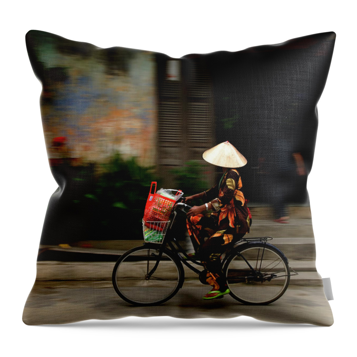 Mature Adult Throw Pillow featuring the photograph Woman On Bicycle, Hoi An, Vietnam by Jeremy Horner