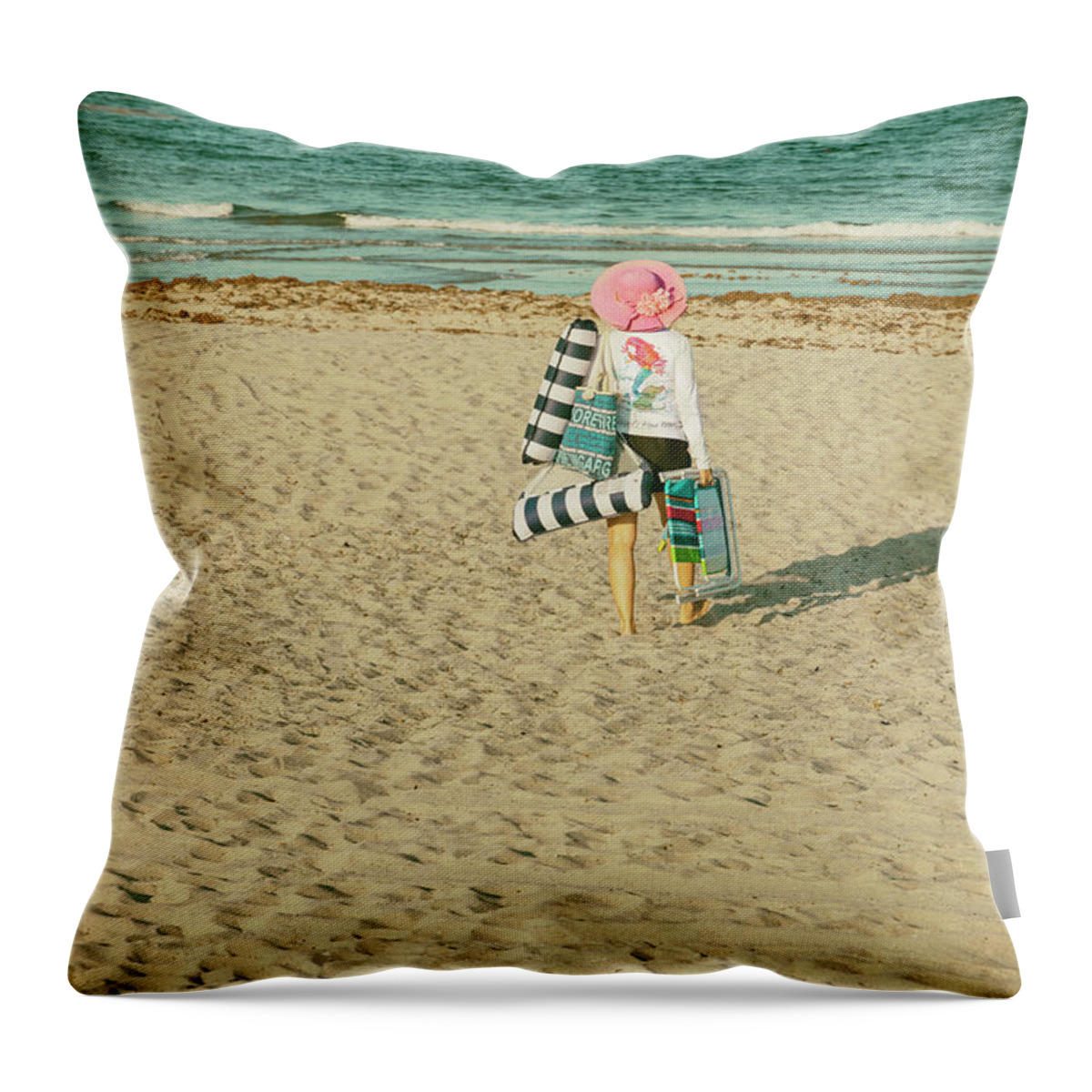 Estock Throw Pillow featuring the digital art Woman On Vacation Walking On The Beach by Laura Diez