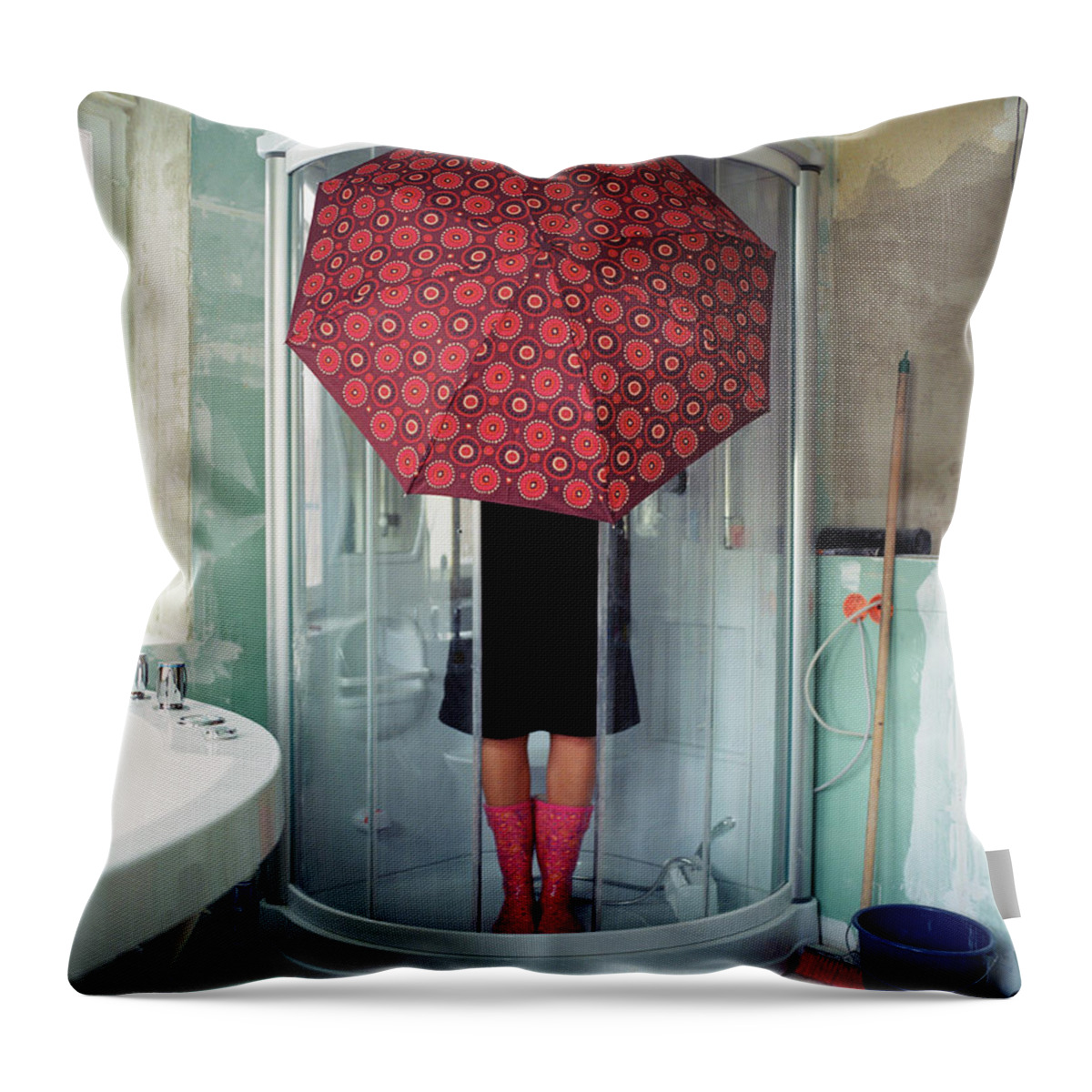 Sequential Series Throw Pillow featuring the photograph Woman Standing Under Umbrella In Shower by Silvia Otte