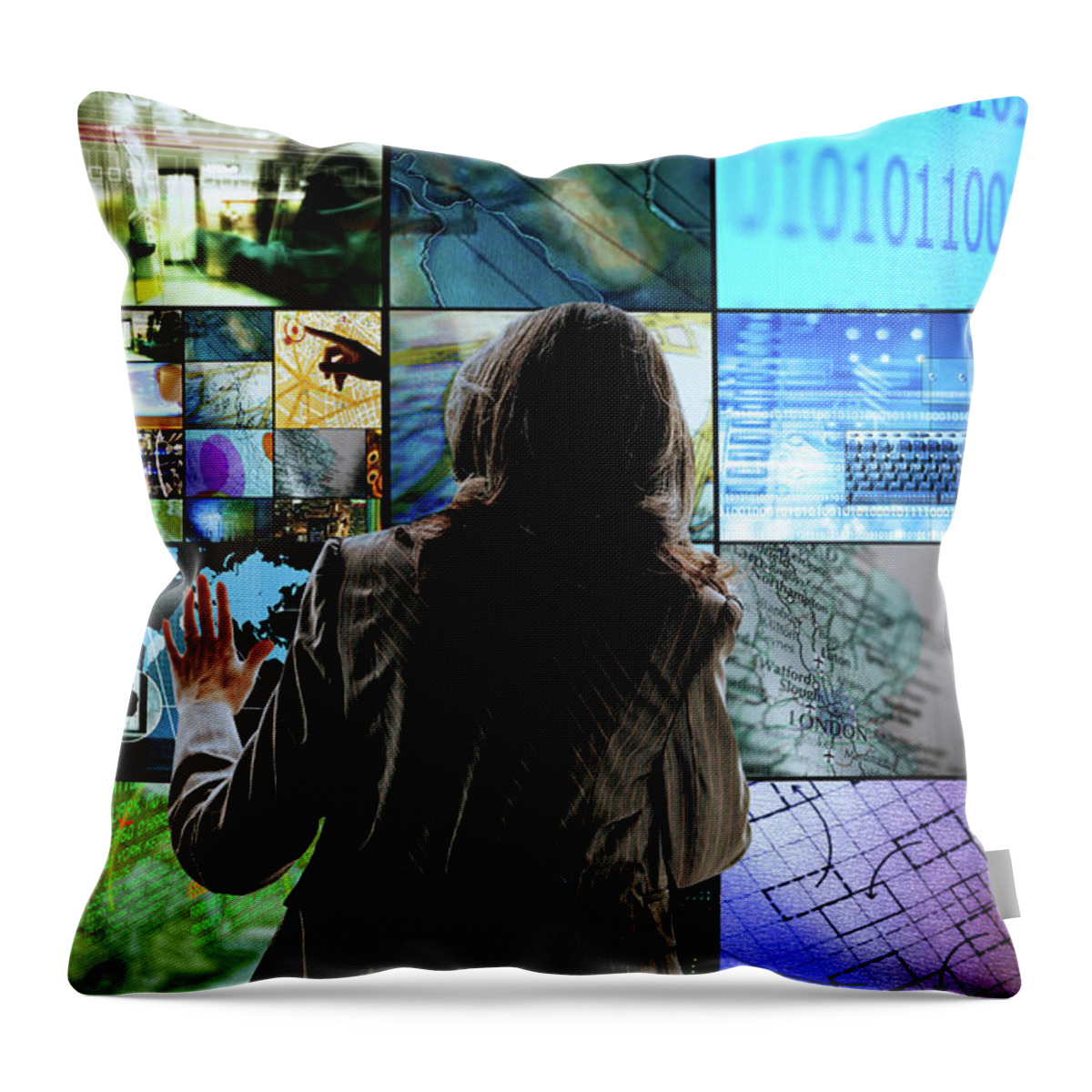 Mature Adult Throw Pillow featuring the photograph Woman Touching Screens by Richard Newstead
