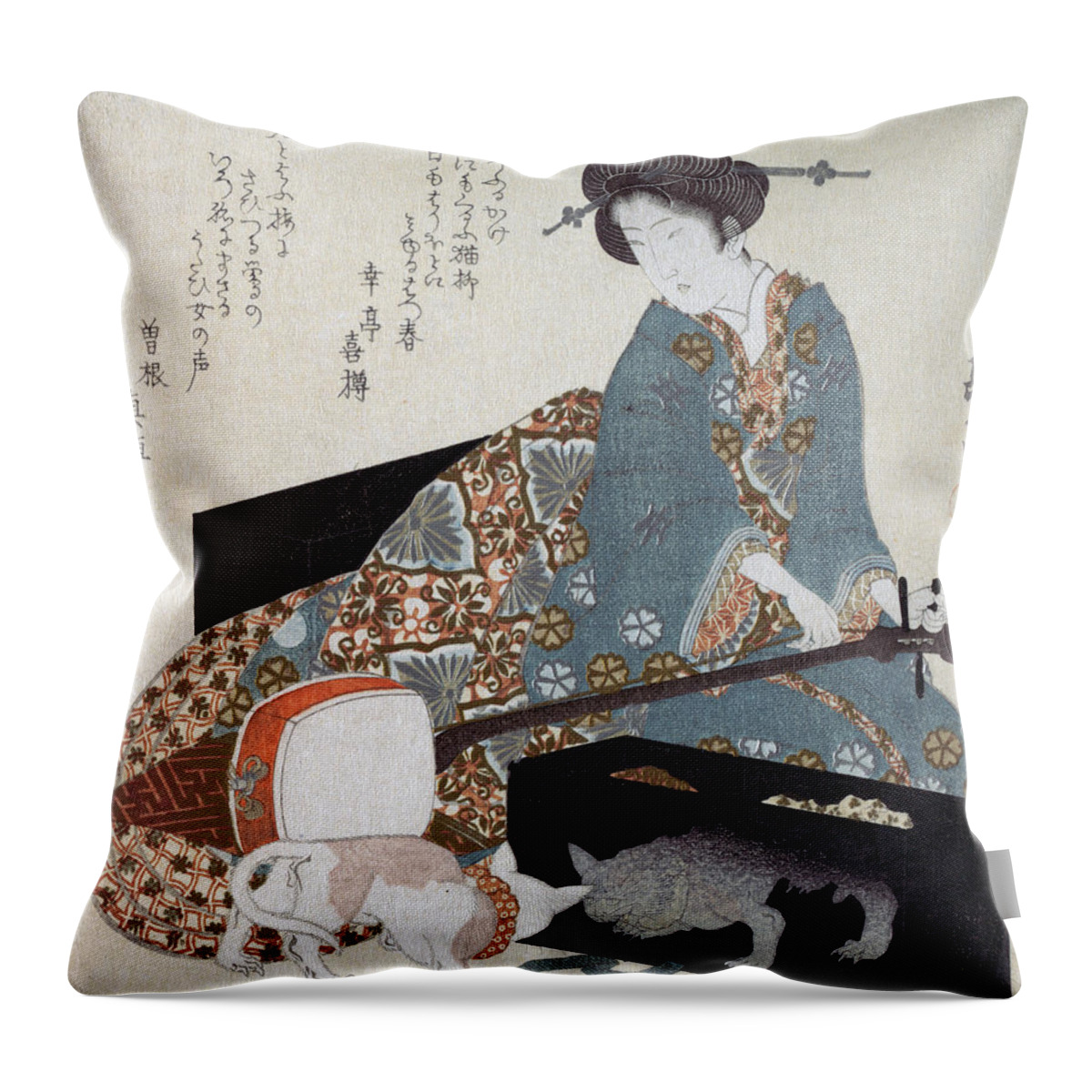 Japanese Throw Pillow featuring the painting Woman Tuning a Shamisen & a cat looks at its reflection in lacquerware by Yashima Gakutei