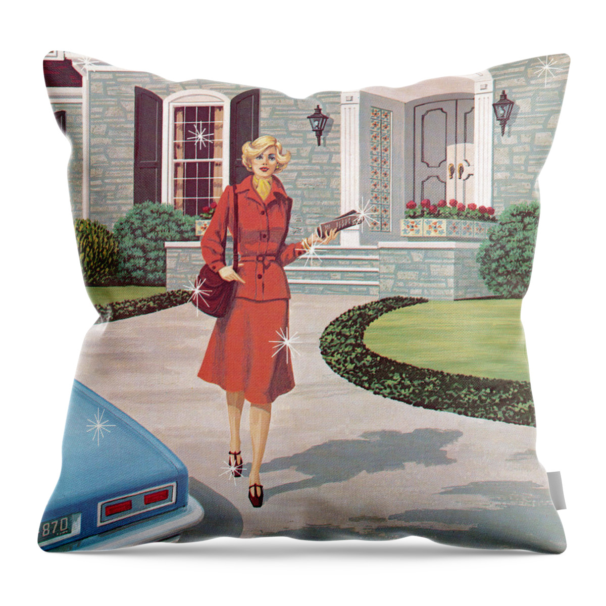 Accessories Throw Pillow featuring the drawing Woman Walking to Car by CSA Images