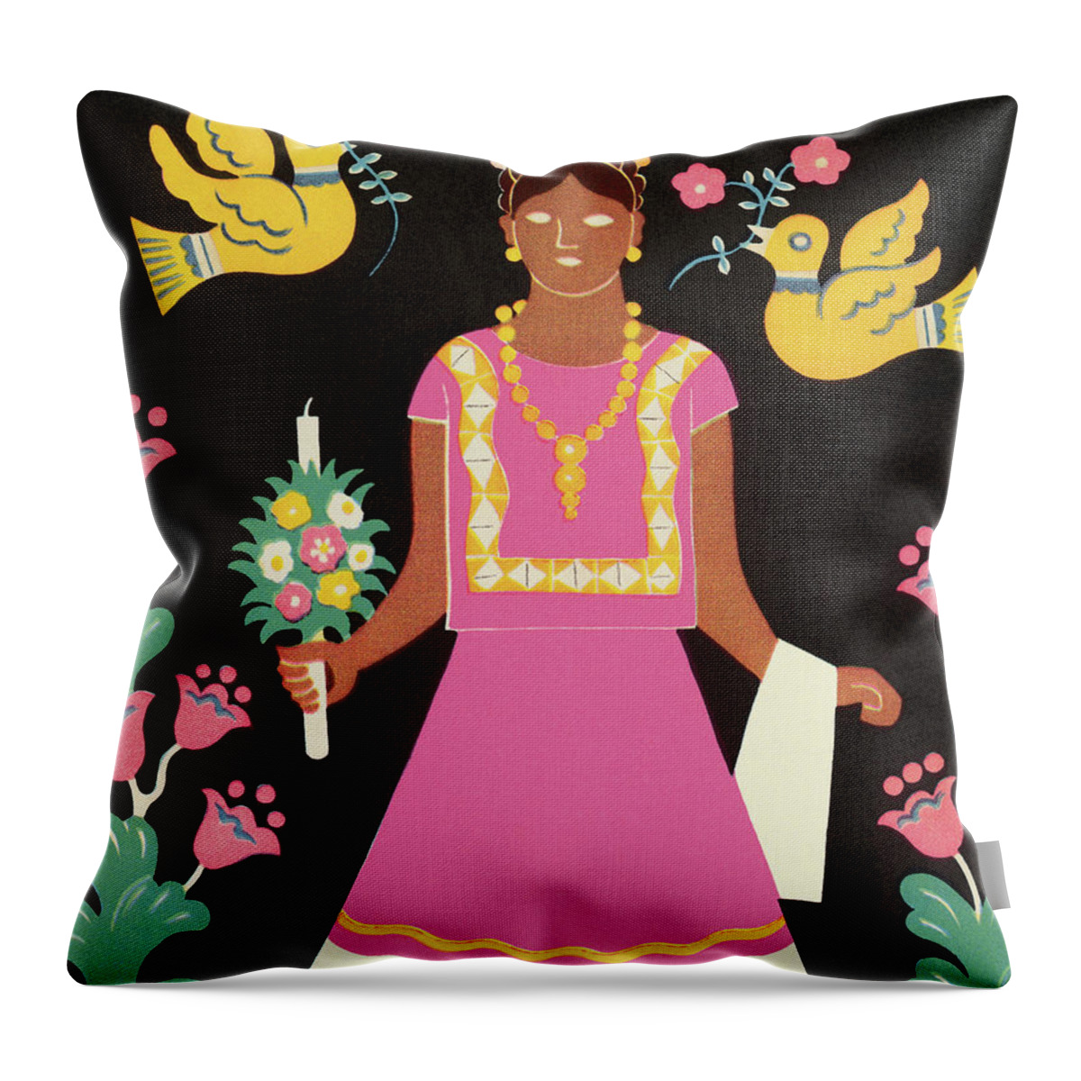 Accessories Throw Pillow featuring the drawing Woman With Flowers and Birds by CSA Images