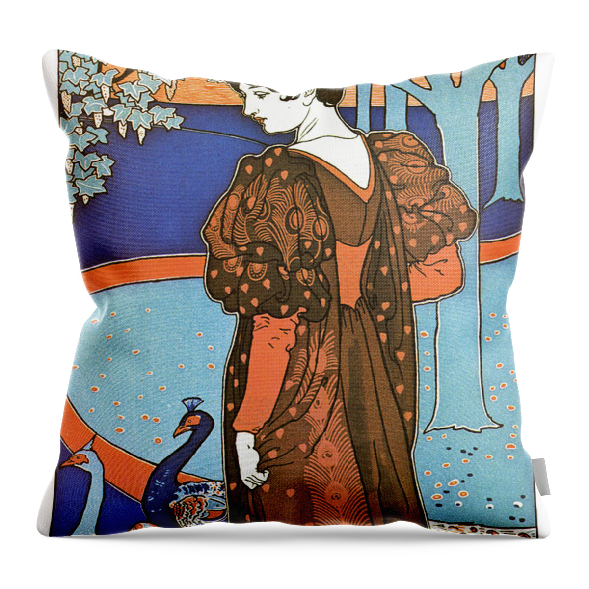 Peacocks Throw Pillow featuring the painting Woman with Peacocks by 
