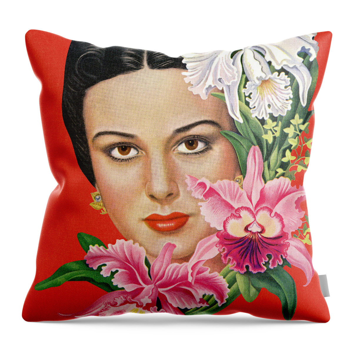 Adult Throw Pillow featuring the drawing Woman With Tropical Flowers by CSA Images