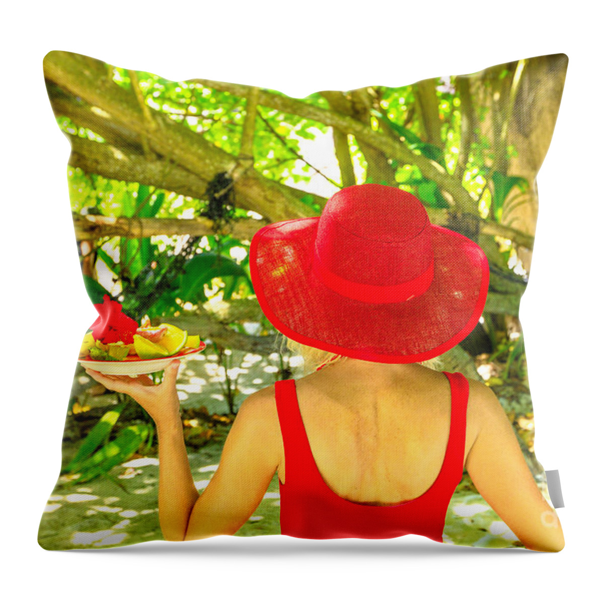 Seychelles Throw Pillow featuring the photograph Woman with tropical fruit plate by Benny Marty