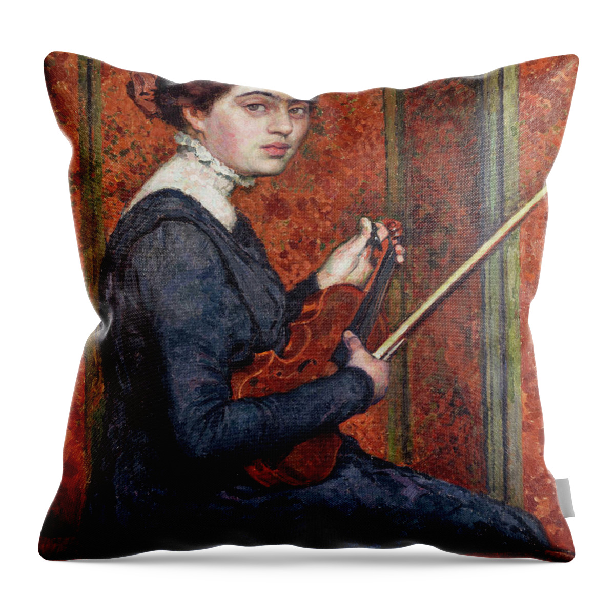 Hair Style Throw Pillow featuring the painting Woman With Violin by Theo Van Rysselberghe