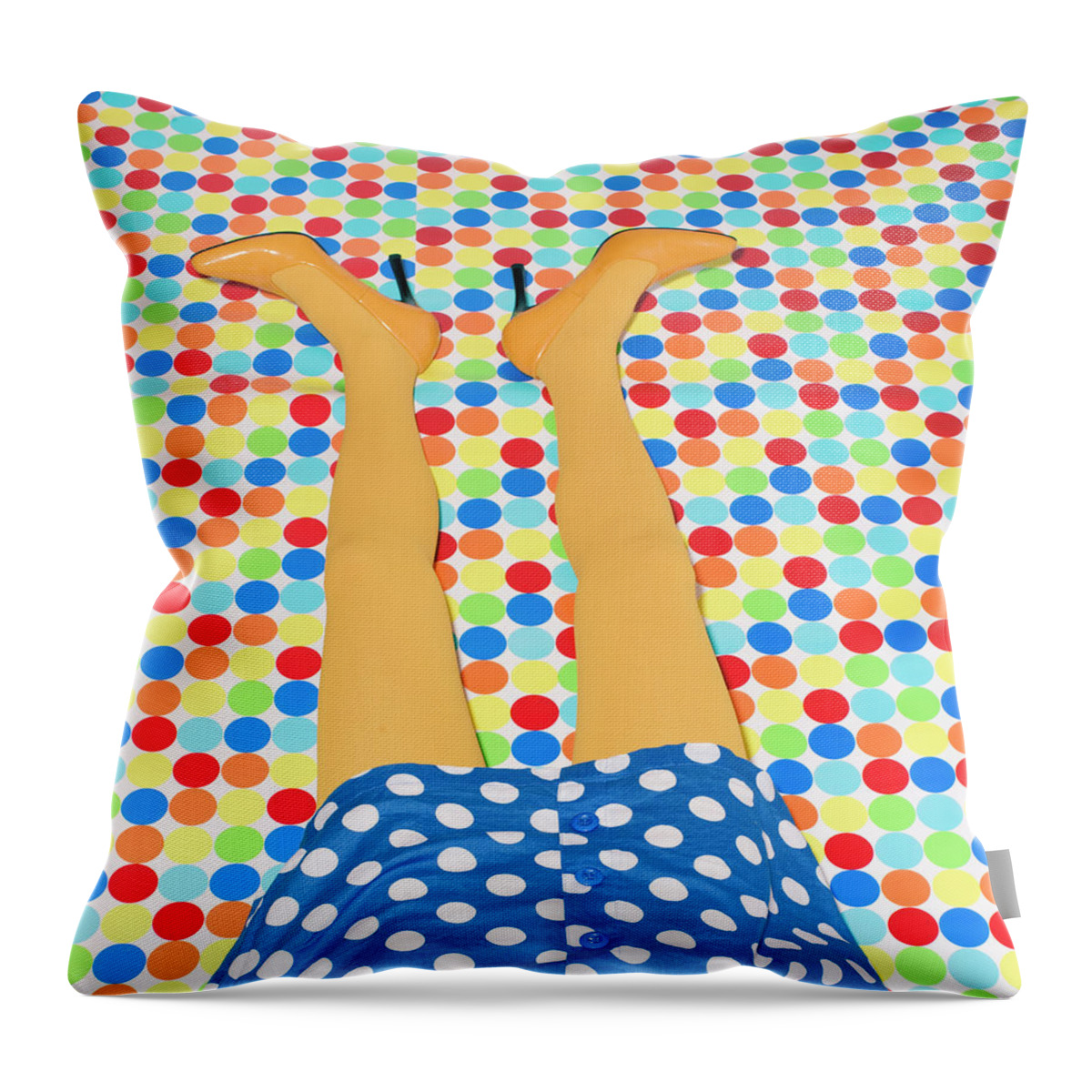 People Throw Pillow featuring the digital art Womans Yellow Legs On Polka Dot Floor by Mimi Haddon